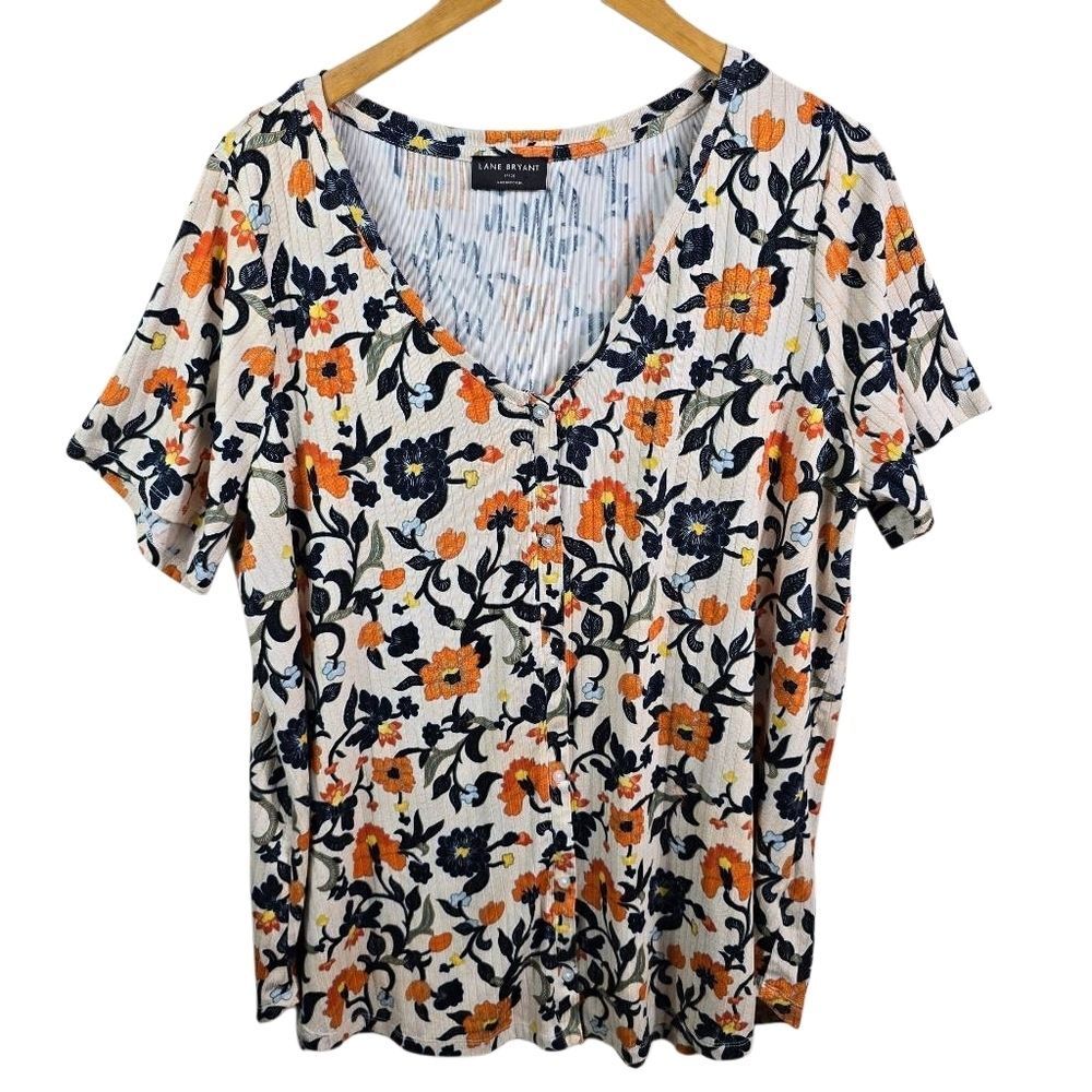 Lane Bryant Floral V-Neck Tee - Orange and Black